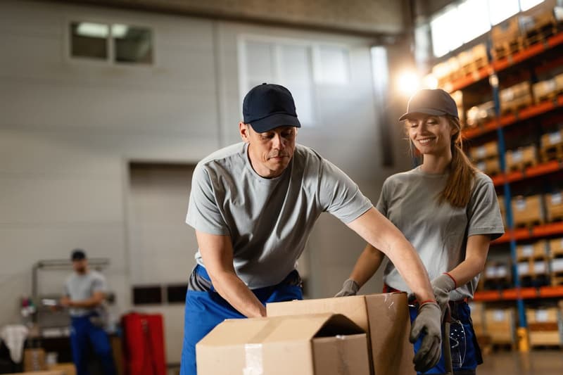 Zwei Lagermitarbeiter verpacken gemeinsam einen Karton vor Regalen